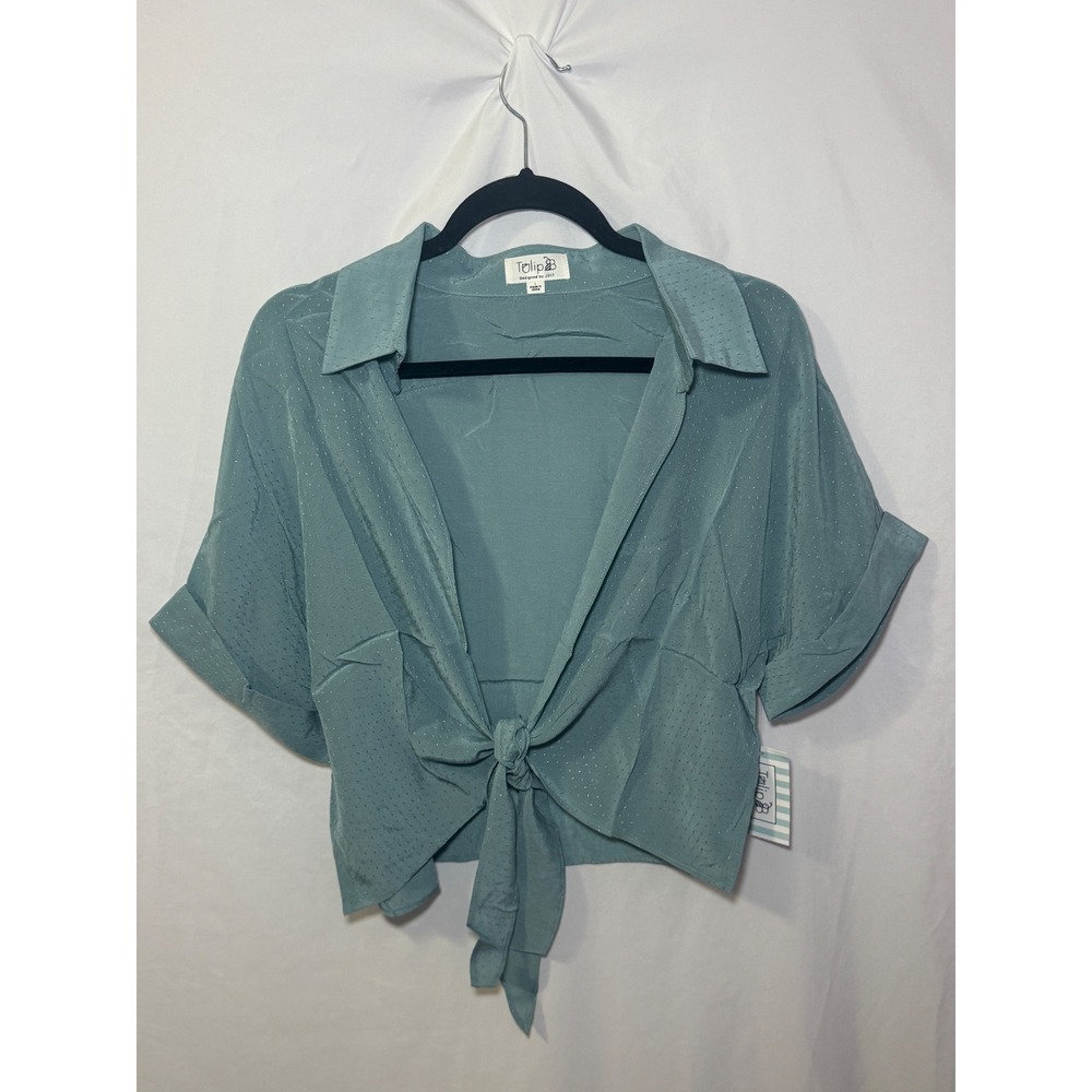 Blue Festival Tie Front Crop Top L Boho Metallic Clip Dot Coquette Tulip B NWT
